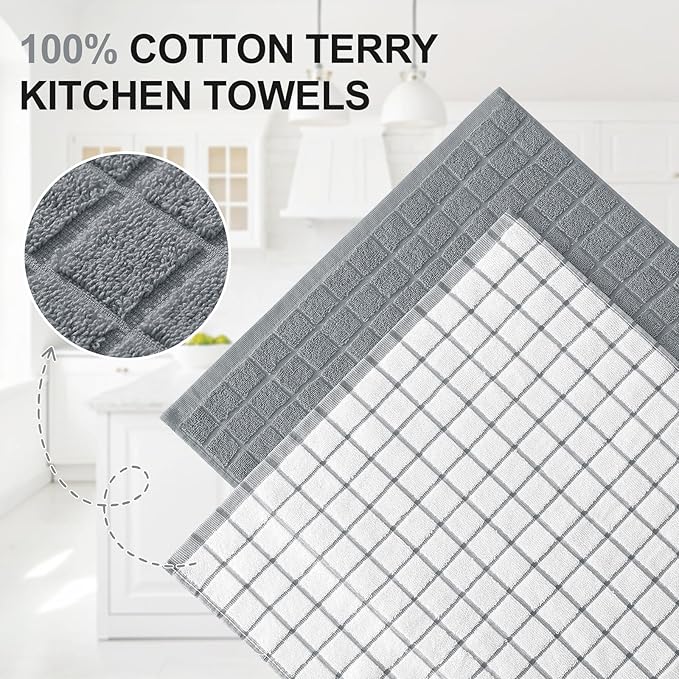 Homaxy Premium Cotton Kitchen Towels 16"x 28", Large Natural Ring Spun 390 GSM Dish Towels, Super Absorbent Terry Kitchen Hand Towels, Soft Tea Towels with Hanging Loop, Grey Check Design, 6 Pack