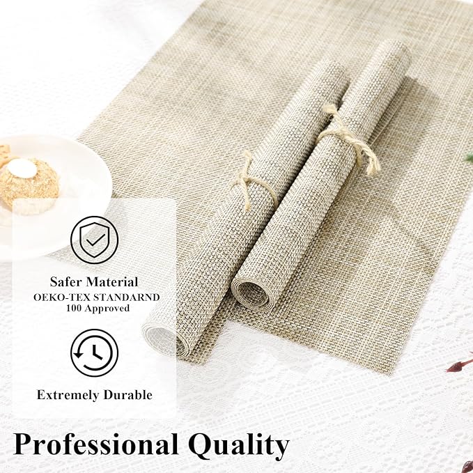 SHACOS Placemats Set of 4 Woven Vinyl Reversible Plastic Durable Place Mats Wipeable Stain Resistant Kitchen Dining Table Mats Indoor Outdoor Table Placemat, Beige