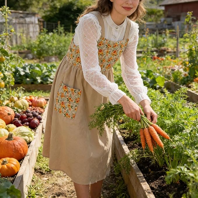 Uaussi Cotton Linen Apron Cross Back Work Apron for Women with Pockets Pinafore Dress X Cross Halter Apron for Chef Gardening