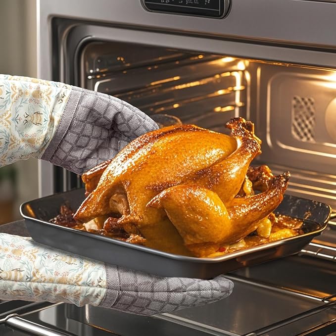 Silicone Printing Oven Mitts Heat Resistant to 500 Degree,Yarm-Dyed Oven Gloves with Animal Design Non-Slip for Kitchen Cooking Barbecue Baking and Machine Washable. (Khaki Oven Mitts)