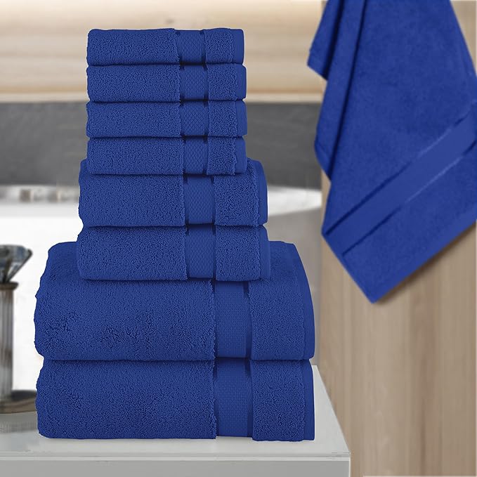 Elegant Comfort Premium Cotton 8-Piece Towel Set, Includes 4 Washcloths, 2 Hand Towels and 2 Bath Towels, 100% Turkish Cotton - Highly Absorbent and Super Soft Towels for Bathroom, Royal Blue