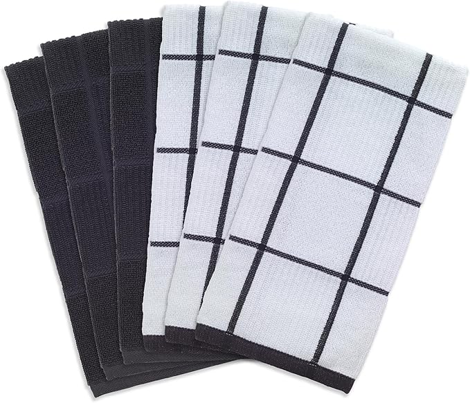 T-Fal Solid & Checked Parquet Kitchen Towels: Highly Absorbent, Super Soft Long Lasting - 100% Cotton, 16"x26" Dish Towels for Cleaning & Drying Dishes, Pans, Glassware, Countertops, 6-Pack, Charcoal