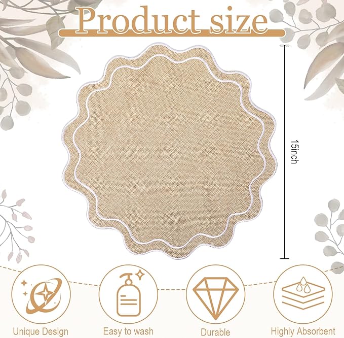 Set of 12 Cotton Linen Placemats, 15x15 Scalloped Flower Embroidery Cloth Table Mats Double Layered Fabric Washable Wrinkle Free Dining Placemat for Restaurant Kitchen Decor(Linen with White)