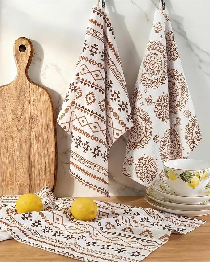 Miss Adola Neutral Flour Sack Kitchen Towels - 3 Pack 18"x 26" Cotton Farmhouse Fast Drying Decorative Hand Tea Towel Dishcloth with Hanging Loop for Home Decor Housewarming Gift, Bohemian