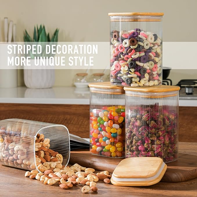 D2scrma 37oz Airtight Glass Square Storage Canisters with Bamboo Lids Set of 6 (1100ml) Striped Stackable Containers, Decorative Kitchen Jars for Tea, Nuts and Coffee (‎with Black Lable)