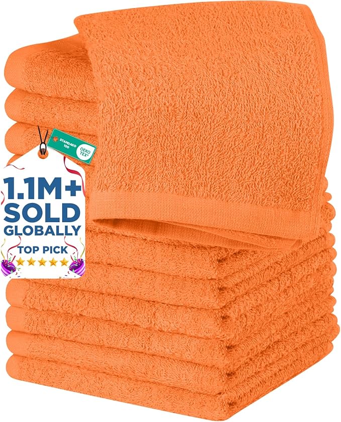 DAN RIVER 12 Pack Wash Cloths for Showering [12x12] - 100% Cotton Washcloths Premium Quality Flannel Face Cloths for Bathroom, Highly Absorbent and Soft Feel Wash Clothes, Orange