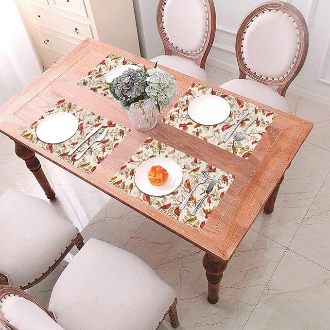 Red Cardinal Linen Placemats Set of 4, Washable Non-Slip Heat-Resistant Bird Berry Printed Table Mats for Kitchen Dining Table, Gift for Bird Lovers, Nature & Christmas Enthusiasts, Kitchen Home Decor