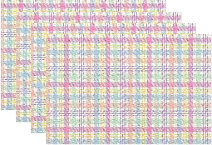 Spring Place mats Set of 4,12x18 Inches Colorful Plaid Stripes Placemats Rectangle Easter Decor Pink Green Purple Linen Table Mats for Party Home Kitchen Dining Table Decoration