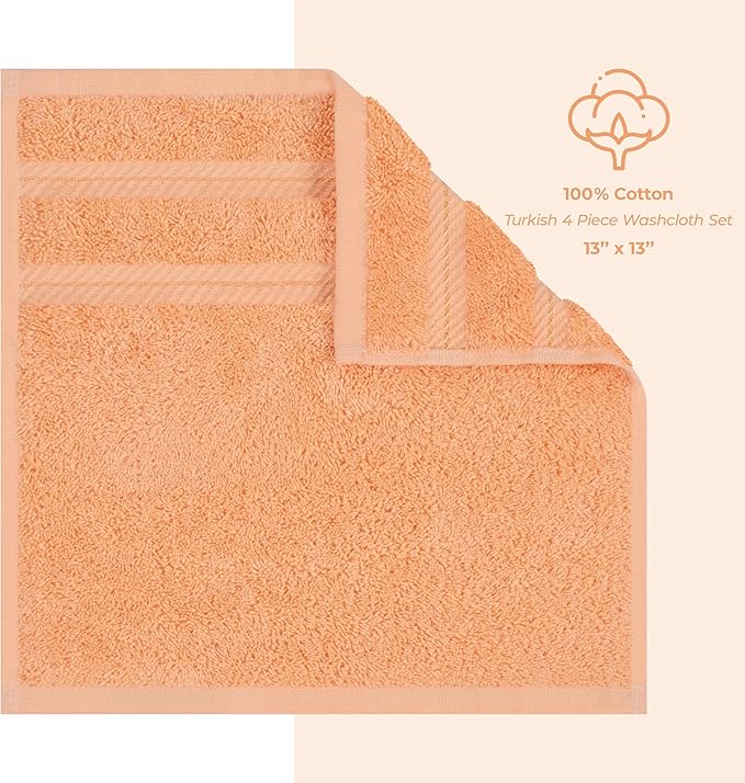 American Soft Linen Luxury Washcloths for Bathroom, 600 GSM 100% Cotton 4 Piece Turkish Wash Cloth Set, 13x13 in Soft Rags for Body and Face, Peach Washcloths