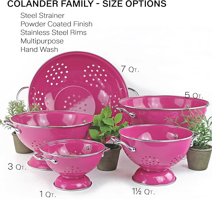 Reston Lloyd, 1.5 Quart Powder Coated Steel Kitchen Strainer Basket for draining Pasta, Vegetable and Fruit, Chrome Handles and Wide Stable Base, Magenta