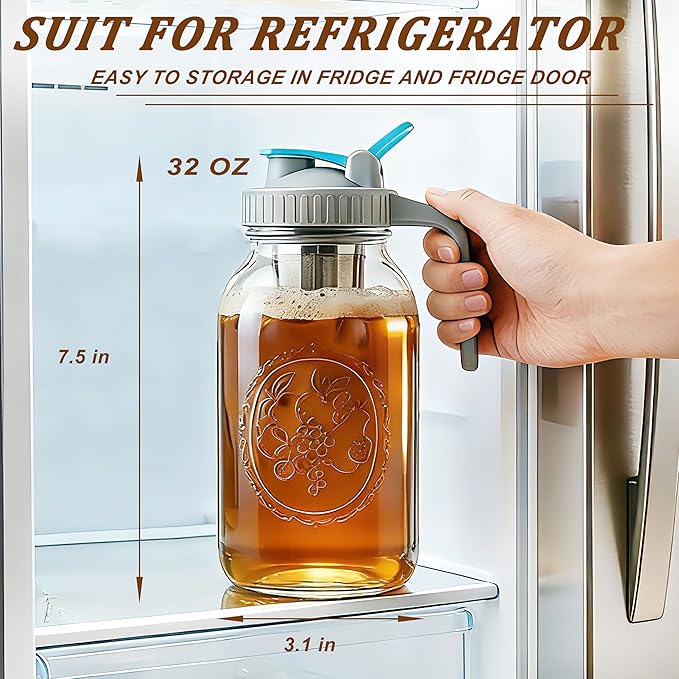Mason Jar Cold Brew Coffee Maker 64 OZ ( 2 Quart ) Wide Mouth Cold Brew Pitcher With Stainless Steel Fine Mesh Filter Airtight & Leakproof Mason Jar Pitche For Coffee, Iced Tea, Sun Tea, Lemonade