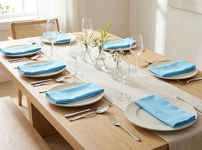 PurpleEssences Set of 12 Hemstitch Cloth Dinner Napkins 100% Cotton - Soft Durable Washable - Ideal for Wedding Spring Easter Summer - Perfect Everyday Use Table Linen 18x18 - Aqua Blue