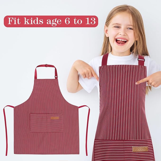 2 Pack Stripes Kids Apron, Kids Cooking Aprons with 2 Pockets, Cute Aprons for Cooking for Boys and Girls