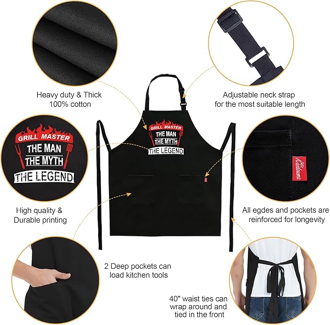 Kaidouma Grill Aprons for Men Funny - Grill Master The Man The Myth The Legend - Men’s Adjustable Bib Cooking Grilling BBQ Aprons with 2 Pockets and Long Ties