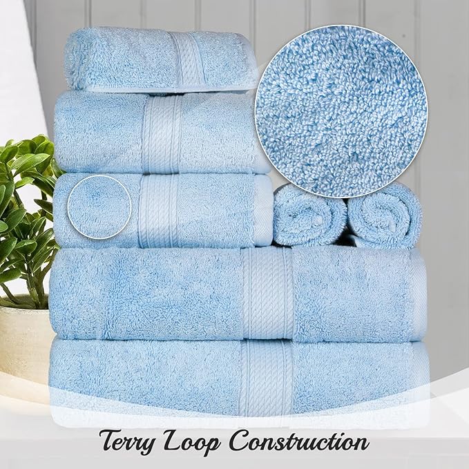 SUPERIOR Egyptian Cotton Pile 8 Piece Towel Set, Includes 2 Bath, 2 Hand, 4 Face Towels/Washcloths, Ultra Soft Luxury Towels, Thick Plush Essentials, Guest Bath, Spa, Hotel Bathroom, Light Blue