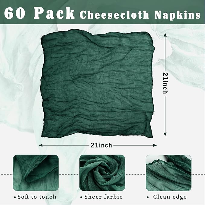 60 Pack Emerald Green Cheesecloth Napkins Washable 21x21 Inches Emerald Green Cloth Napkins for Wedding Set of 60 Dinner Table Napkins Bridal Baby Shower Rustic Boho Cotton Gauze Party Table Decor