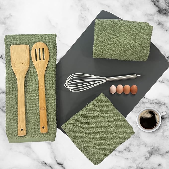 Serafina Home Dark Sage Green Kitchen Hand Dish Towels: Oversized 28" x 18",100% Cotton Cloth Soft Cleaning Drying Absorbent Textured Design, Set of 3 Multipurpose for Everyday Use (Dark Sage)