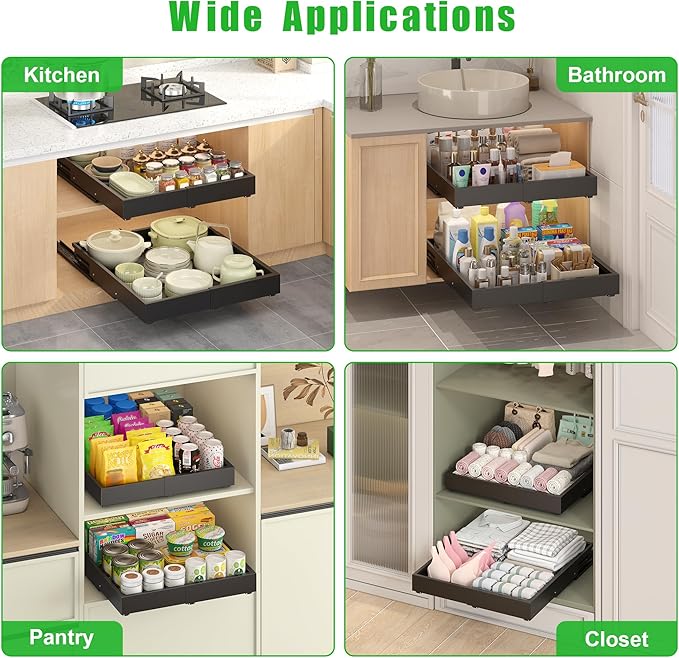 1 Pcs Pull Out Drawers for Cabinets Organizer Expandable Width(11.8"-19.4"), Depth(16.45"-21.7") With 3 Rails, No Drill Roll Out Drawer, Adhesive Sliding Drawers (Black)