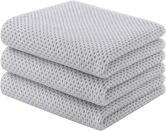 Homaxy 100% Cotton Waffle Weave Kitchen Towels, 3-Pack Ultra Soft Absorbent Dish Towels, Quick Drying Cleaning Towels, 13 x 28 Inches, Light Gray