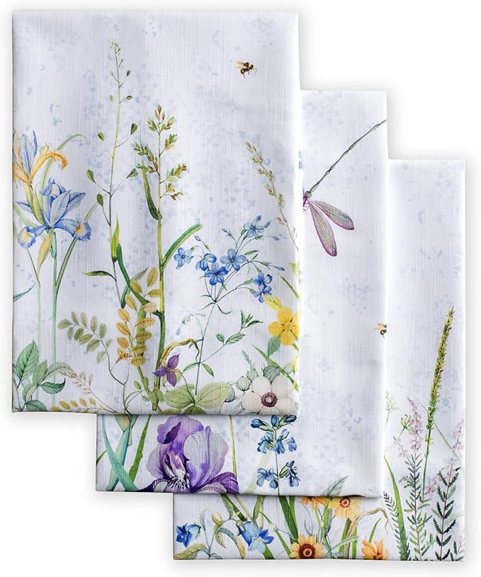 Maison d' Hermine Kitchen Towels Set of 3 100% Cotton 27.50" x 20" Reusable Cloth Tea Dish Towels Absorbent with Hanging Loop for Kitchen Gifts for Mothers Day Spring/Summer (Fleurs De Mai)