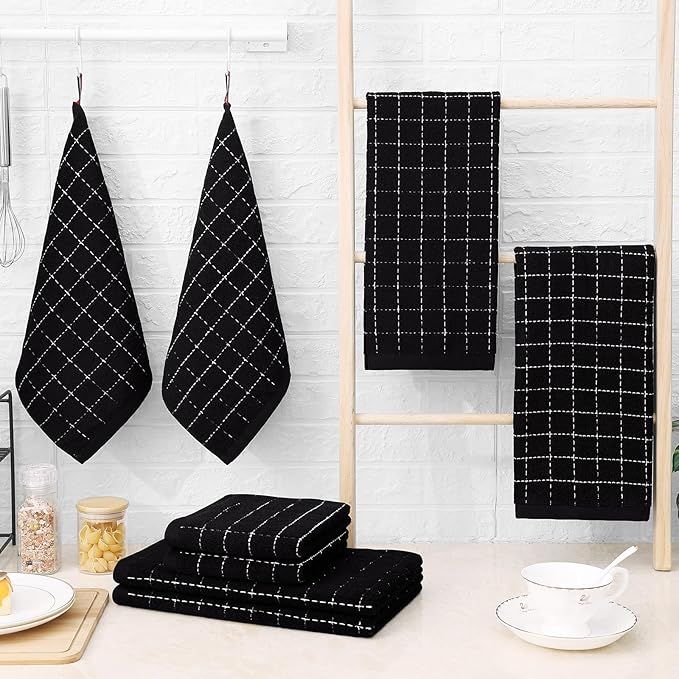 Homaxy Kitchen Towels and Dishcloths Set, 12 x 12 and 13 x 28 Inches, Set of 12 Bulk Cotton Terry Kitchen Towels Set, Checkered Designed, Soft and Super Absorbent Dish Towels, Black