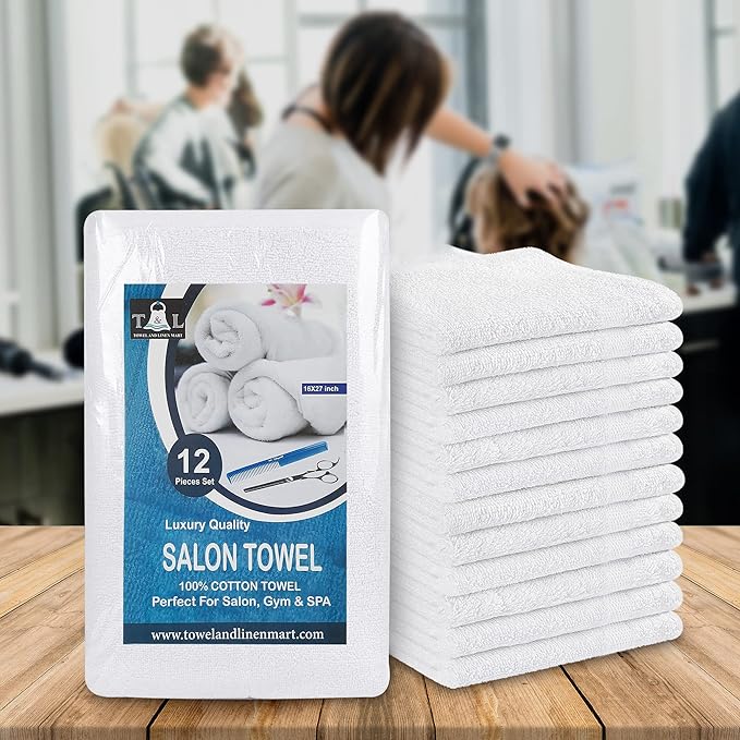 Towel and Linen Mart White Salon Towels, Pack of 12 (Not Bleach Proof, 16 x 27 Inches) Highly Absorbent Towels for Hand, Salon, Gym, Beauty, Spa, and Home Hair Care (White)