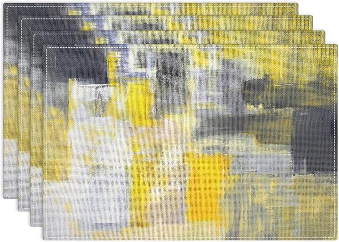 Emvency Farmhouse Placemats Set of 4, Vintage Yellow and Dark Gray Abstract Art Painting 12x18 Inch Table Mats for Outdoor Home Party Kitchen Dining Decoration