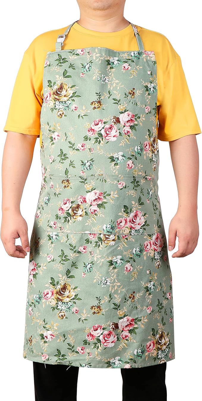 Sanlykate Extra Large Canvas Cotton Apron for Men & Women, Plus Size Durable Aprons with 2 Pockets, Adjustable Bib Machine Washable Oversized Aprons for Baking, Cooking, Painting - Greenness