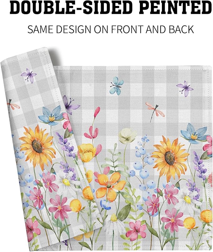 Giwawa Spring Floral Placemats, 12"x18" Summer Flowers Grey Checkered Linen Table Mats Set of 4, Watercolor Wildflower Butterfly Washable Heat Resistance for Seasonal Kitchen Dining Decor