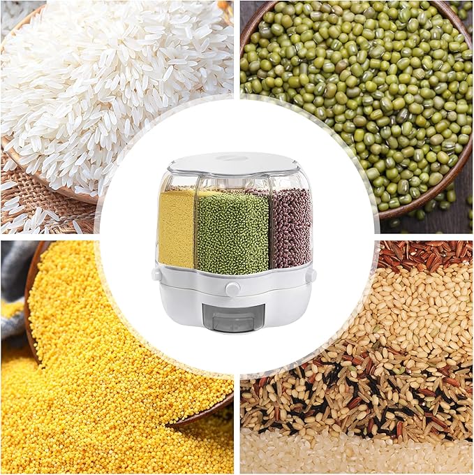 Cereal Dispenser Countertop 360° Rotating Grain Storage Container 13.2-27.56 Lbs Rice Dispenser 6 Grids Dry Food Dispenser Candy Dispensers for Grains, Beans, Rice (White, 17.64Lbs)