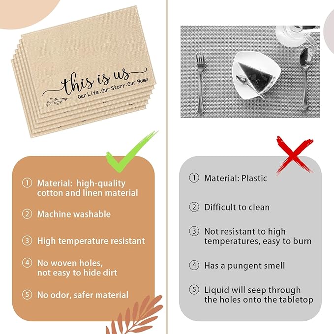 Farmhouse Placemats Set of 6 Linen Placemats 18x12'' Rustic Table Mats with Sayings Housewarming Gifts Country Tablemats Washable Cloth Place Mats for Farmhouse Table Setting(Khaki)