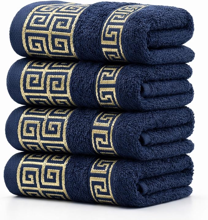 4 Piece WashCloth Set with Greek Key Design - 100% Cotton Soft & Absorbent Bathroom 12x19 in Small Towels - Soft Face Towels, Quick Dry Navy Blue Wash Cloth for Spa, Hotel & Home Use CC4
