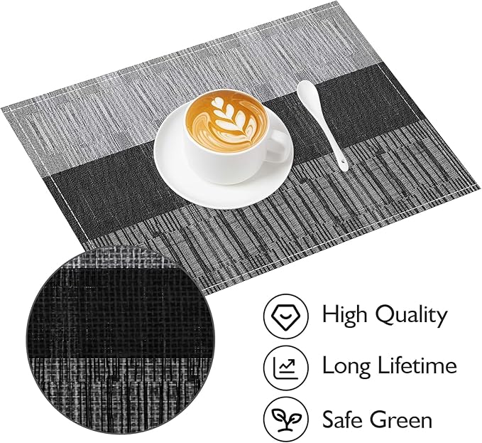 Niviy Black Placemats Set of 6, 12x18 Inch Washable Easy to Clean Heat-Resistant Anti-Skid Indoor Outdoor Table Mats for Holiday Party Kitchen Dining Room Decoration