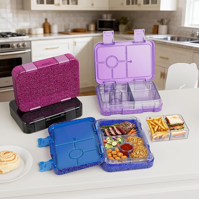 Bento Lunch Box for Kids, Plastic Lunch Box Case, 5/6 Tritan Compartments, BPA free, deal Portion Sizes for On-the-Go Meal, Shiny Black and Clear