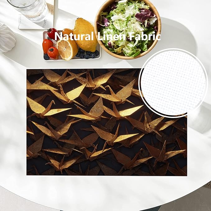 Batmerry Origami Cranes Placemats, Golden Paper Cranes On Dark Washable Linen Table Mats for Kitchen Table Double Insulation Decor Dining Set Indoor Outdoor 12X18 in Set of 4