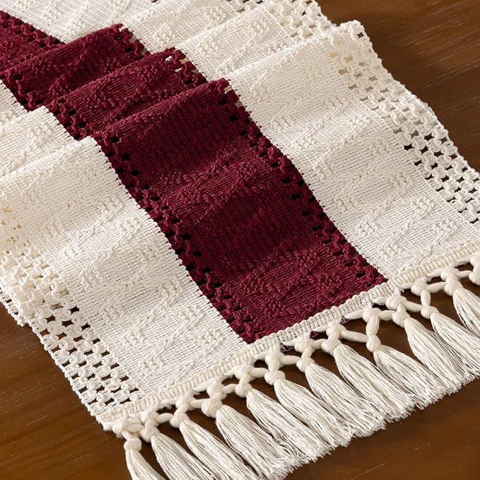 DeZerlor Boho Macrame Table Runner Farmhouse Woven Small Table Runner with Tassels 48 Inches Ivory& Burgundy Red Cotton Linen Kitchen Table Decor for Dining Dresser Home Tea Table Decor