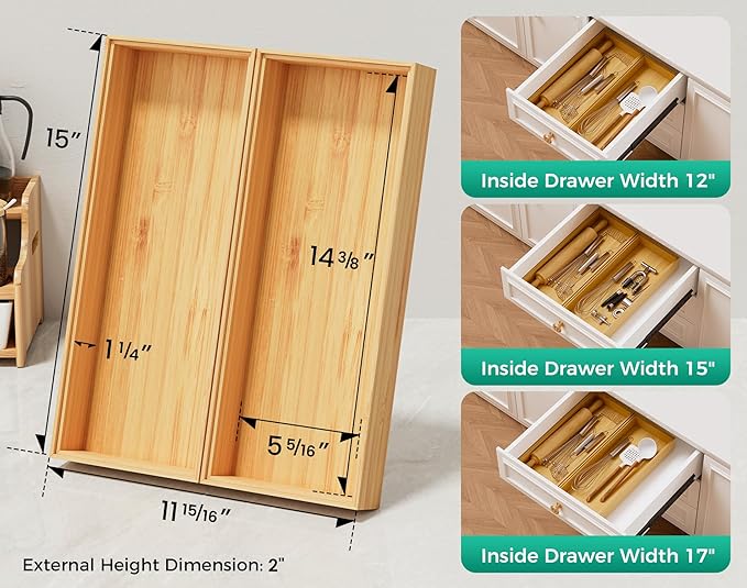 Bamboo Kitchen Drawer Organizer Boxes – 15" x 6" Stackable Wood Silverware Utensil Tray for Drawers Bins, Cutlery & Flatware Storage – Wooden Organizers Set of 2 for Junk Drawer, Bathroom, RV