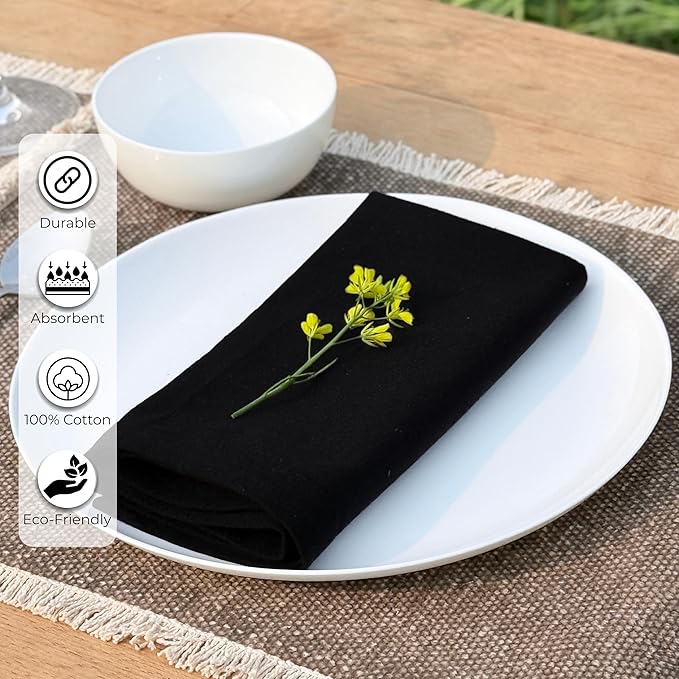 Ramanta Home Black Cotton Dinner Napkins Set of 12, 18x18 Inch 100% Cotton Cloth Napkins, Reusable Fabric Table Napkins for Everyday Dining, Parties, Weddings, Spring & Easter Table Décor Washable