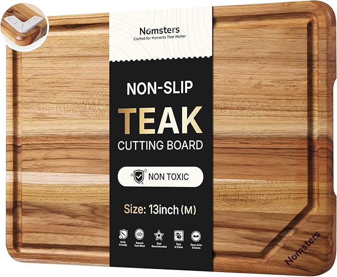 Teak Wood Cutting Board for Kitchen 13inch Charcuterie Board Serving Heavy Duty Non Toxic Slip Over Sink Solid Thick Haus Wooden Chopping Board Large Big Small Meat Best Kitchen Essential Gift