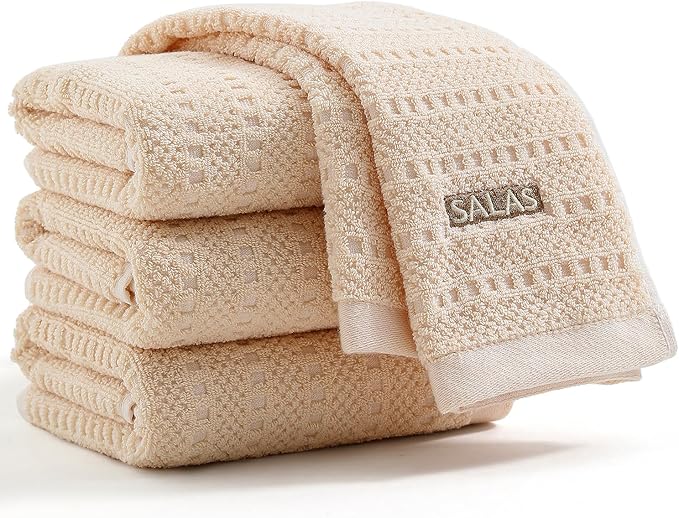 SALAS Kitchen Dish Towels, Bulk Cotton Kitchen Hand Towels, 390 GMS Plaid Dish Cloths Rags for Drying Dishes with Hanging Loop, 16‘’ x 26‘’, 4 Packs, Beige