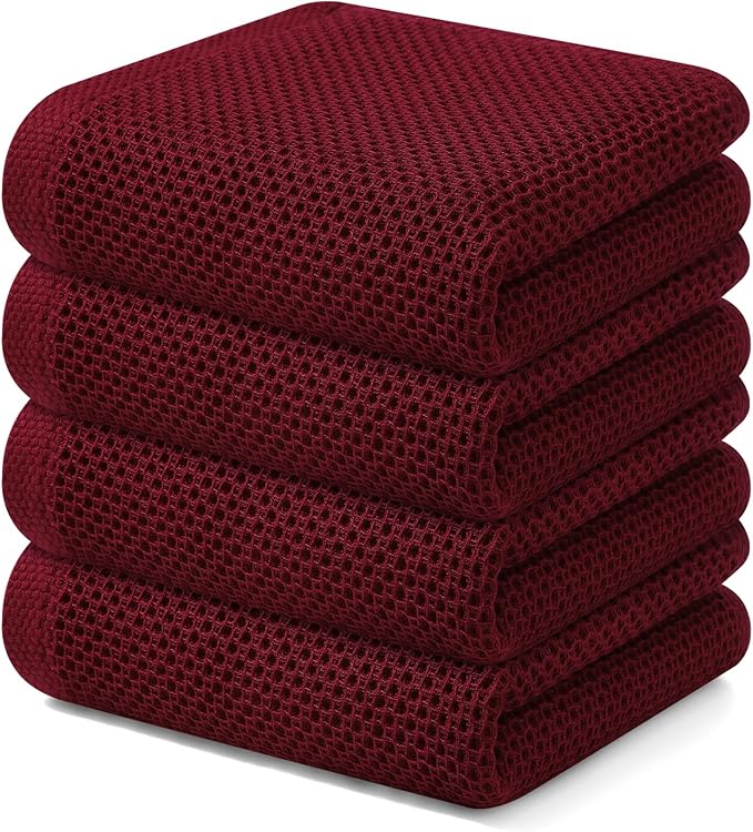 Kitinjoy 100% Cotton Waffle Weave Kitchen Hand Towels (13 X 28 Inches, Burgundy), 4-Pack Super Soft and Absorbent Dish Towel for Drying Dishes