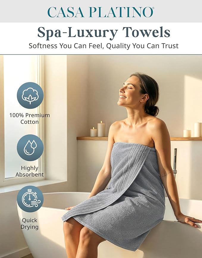 Casa Platino Premium Cotton Bath Towel Set 8 Pcs - Super Soft, Durable & Highly Absorbent - 2 Bath, 4 Washcloths, 2 Hand Towels for Bathroom - Oeko TEX Certified, Ringspun Tech & Hotel Quality - Grey