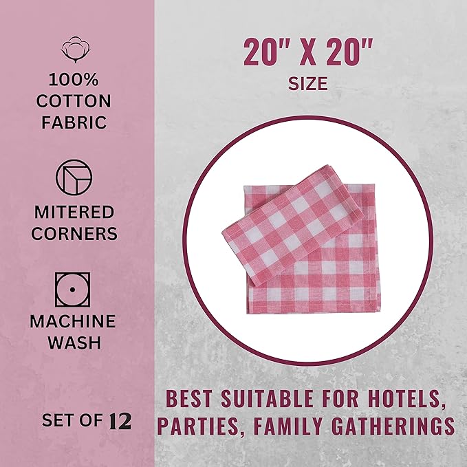 FINGERCRAFT Cloth Napkins, Everyday Use, Premium Quality, Cotton Buffalo Plaid, Set of 12, 20X20 Inch Oversized Napkins Cloth Mitered Corners, Soft, Durable Hotel Quality Pink White Checkered
