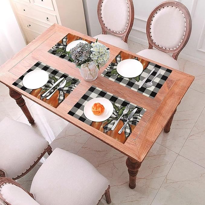 Fall Pumpkin Placemats 12x18 Inch Set of 4, Black White Plaids Pumpkin Table Place Mat Thanksgiving Autumn Orange Harvest Washable Table Mats Decorative Linen Fabric Table Mat for Dining Table