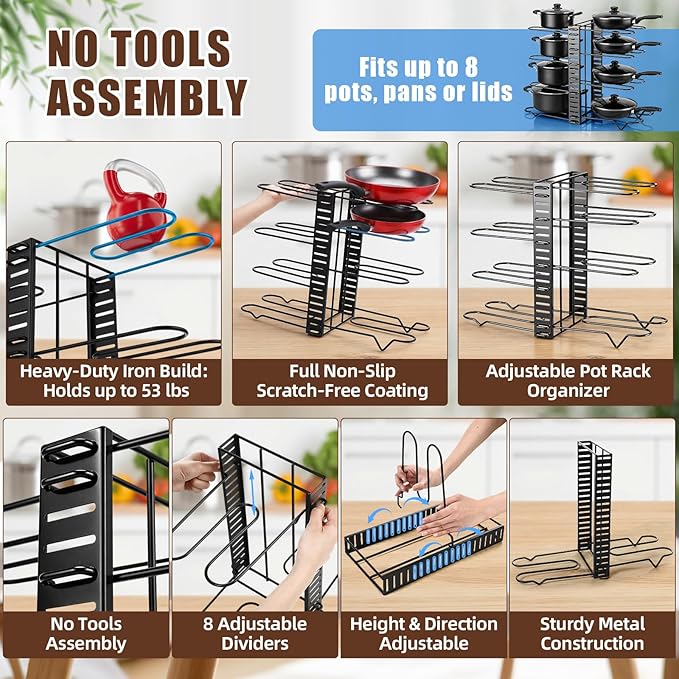 2 Pack Pot & Pans Organizer Kit for Cabinet, 8 Tier Adjustable Pot & Pans Organizer Rack, Expandable Cutting Board Storage Rack Baking Tray Cookie Sheet Holder with 14 Adjustable Divider Kitchen