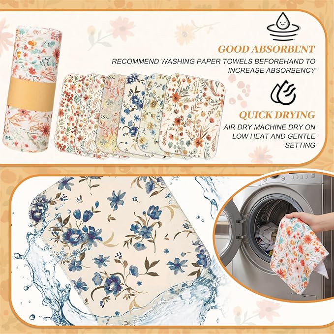Redbaker 30 Pcs Reusable Paper Towels Rolls Towels Bulk Kitchen Washable Paperless Cloth Cotton Hand Napkins with Cardboard Reusable Napkins for Kitchen Bathroom (Vintage Flower)