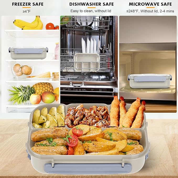 Yumuk Bento Box Adult, Lunch Box Containers for Adults Men Women, 5 Cup Bento with 4 Compartments &Spork &Sauce Box, Leak-Proof, Microwave/Dishwasher Safe(Beige)