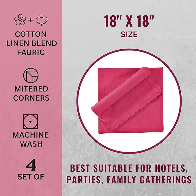 Cloth Napkins Dinner Washable Set of 4 in Cotton Linen Fabric Premium Quality, Mitered Corners for Reusable Every Day Use Pre Shrunk and Good Absorbency Christmas Cloth Napkins (Pack of 4, Fuchsia)