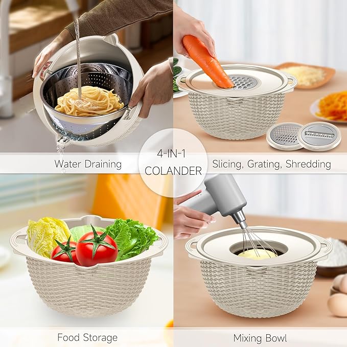 4-1 Colander with Bowl & Spoons Set - Rotatable Colander for kitchen with New Upgraded Graters, Food Strainer(Patented) for Pasta, Fruits, Vegetables, Funny Presents for Women, Beige