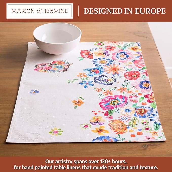 Maison d' Hermine Placemats Set of 4 100% Cotton Washable Cloth Place Mats Reusable Table Mats for Kitchen Dining Party Gifts for Mothers Day Spring/Summer(Happy Florals - High Summer, 13" x 19")